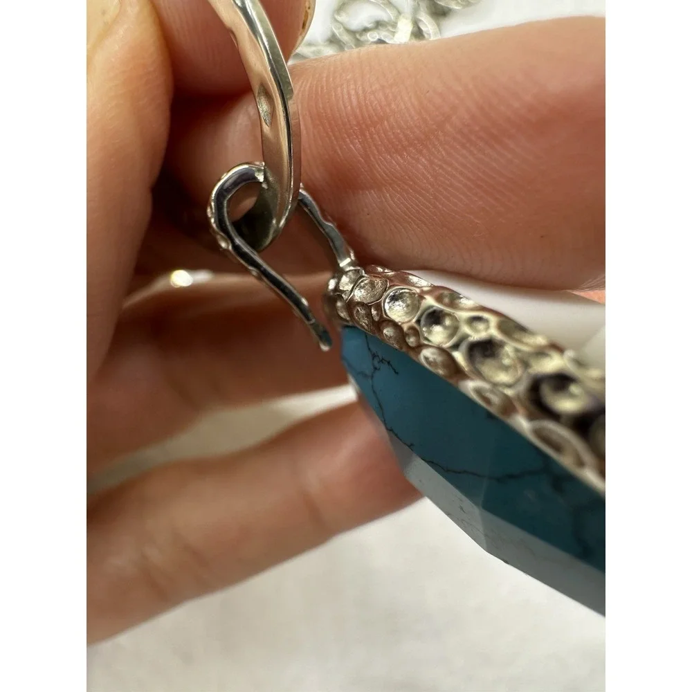 Hammered Links Necklace Turquoise White Pendant Reversible CA Stainless Steel